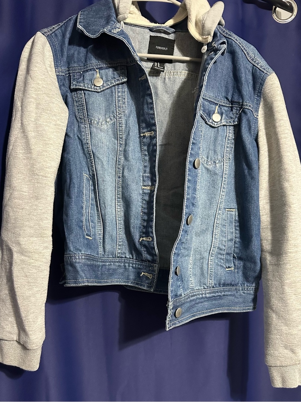 Forever 21 Blue Denim Jacket with Light Gray Hoodie Sleeves